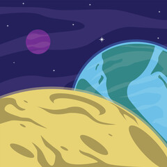 moon and earth view landscape vector illustration template graphic design . outer space with other planet scenery for astronomy knowledge banner concept