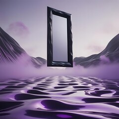 Open the blue door to a fantasy landscape where the sea meets the sky at sunset, framed by clouds in a 3d illustration of nature's art