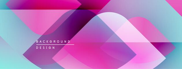 Abstract geometric shapes overlap. Vibrant pinks, blues, purples create modern design. Gradient effects add depth, visual interest.