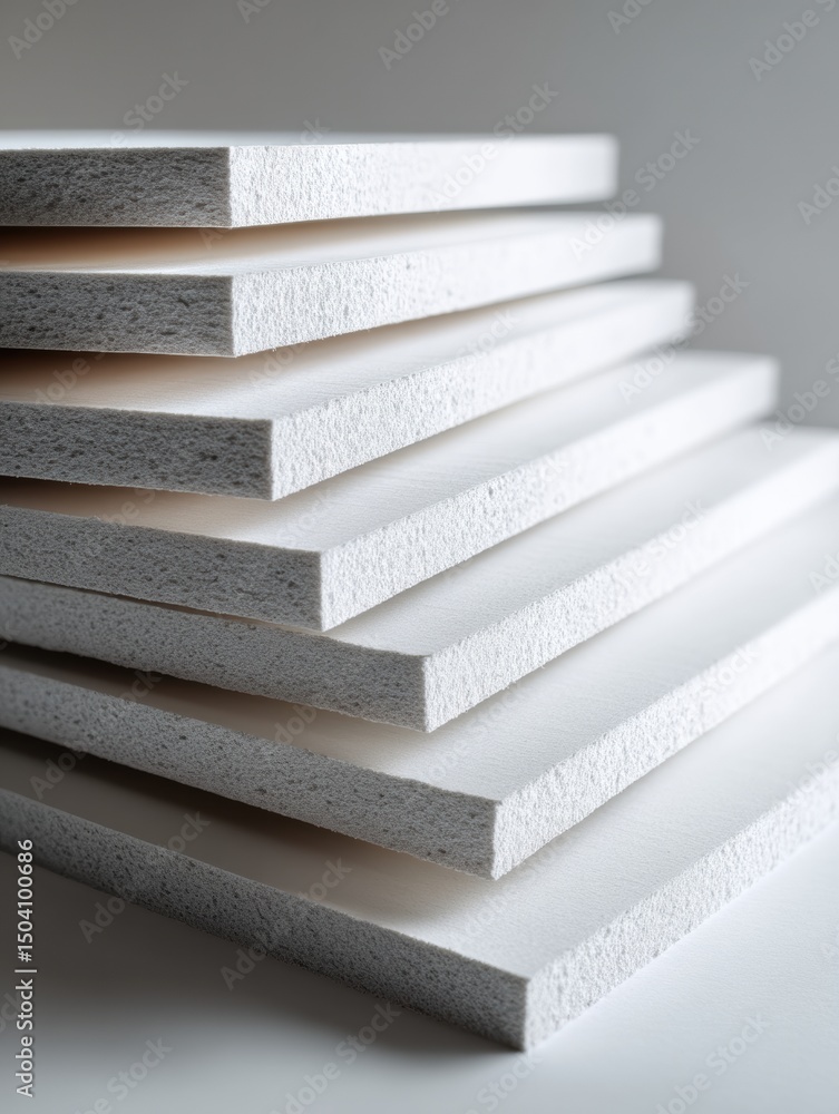 Aufkleber waterproof gypsum boards stacked at an angle highlighting their texture and soft lighting in a moder
