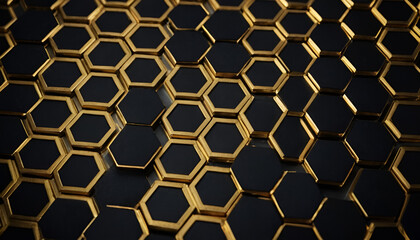 Black and gold hexagons creating an abstract technological background