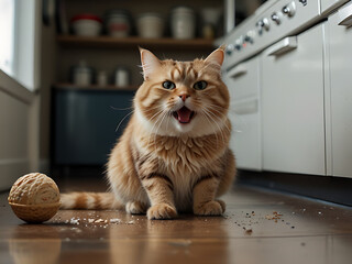 Fluffy orange cat sitting on a kitchen floor, meowing near a ball of yarn with scattered food pieces around.