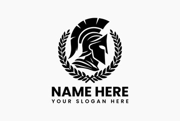 Iconic Spartan helmet enclosed within a classic laurel wreath symbol vector logo. Ancient Greek military history concept