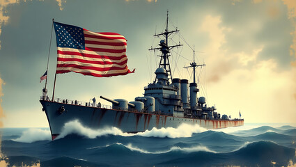Vintage american battleship at sea with flag