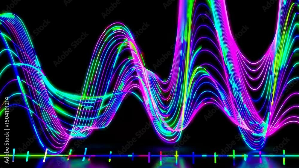 Poster dynamic video concept with vibrant neon waves in motion, captured from a low-angle view, creating a 