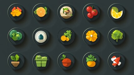 flat vector icon set of organic waste energy conversion process, including food scraps, compost bin, biogas digester, electricity, green energy theme