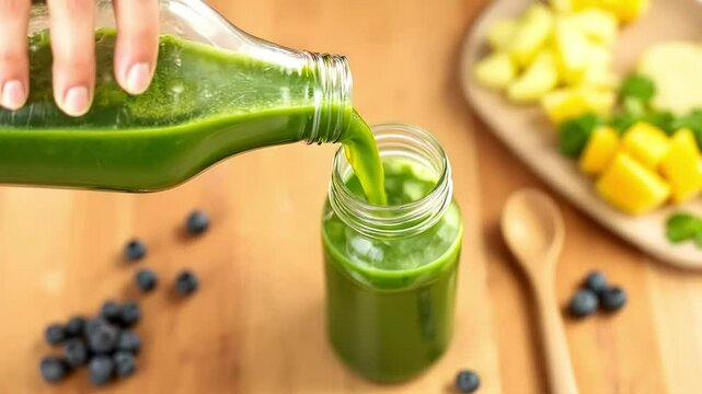 green detox juice poured into clear bottle