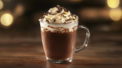 Coffee with whipped cream and chocolate in glass mug isolated on blurred background. Cold frappe topped with a generous swirl of whipped cream