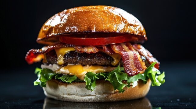 Indulge in a juicy black cheeseburger layered with crispy bacon, fresh lettuce, and ripe tomatoes, perfectly presented against a dark background