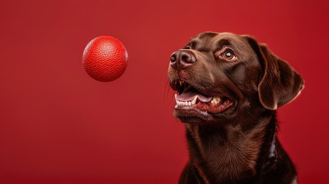 Excited brown dog eagerly watching a bright red ball against an abstract red background, showcasing a playful moment