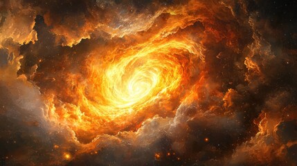 Exploration of celestial wonders through an abstract representation of a swirling galaxy with luminous orange and golden hues