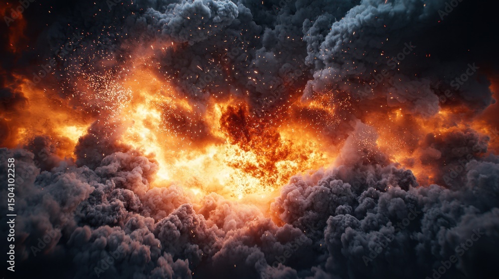 Poster explosions create a fiery display amidst dark swirling clouds in a chaotic and dramatic atmosphere
