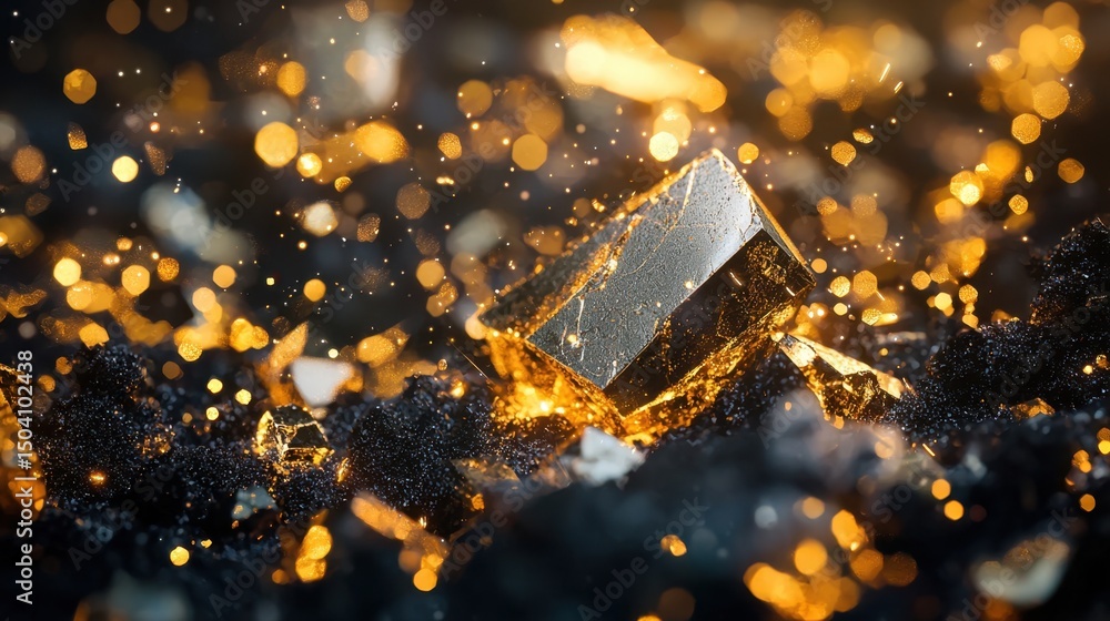 Poster sparkling gold nugget glimmers amidst scattered black minerals and shimmering particles under soft l