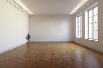 Obraz premium Empty room with herringbone floors, crown molding, and two large windows, bathed in soft natural light