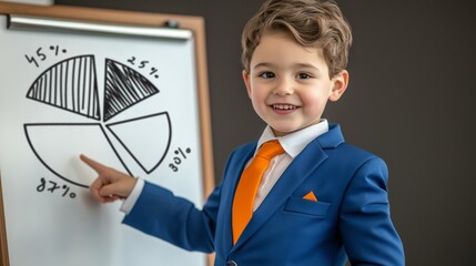 Smiling Young Boy in Blue Suit Presenting Pie Chart Data on Whiteboard in Classroom