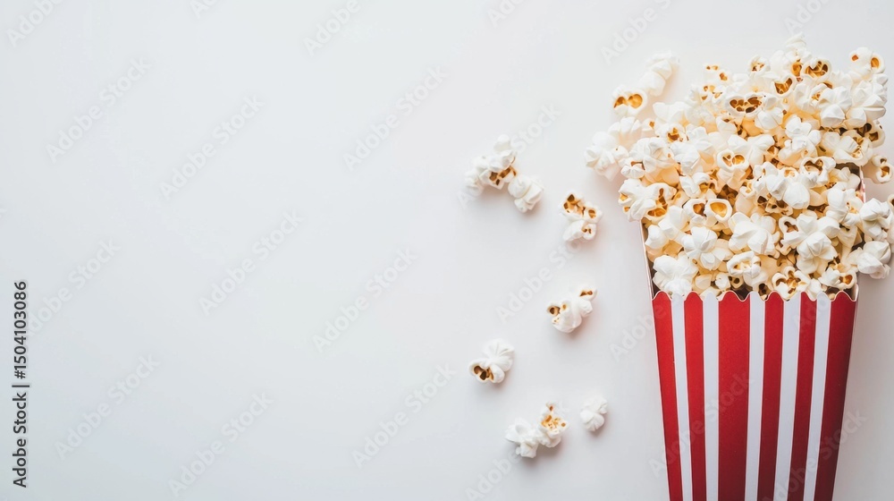 Aufkleber freshly popped popcorn spilling out of a red and white striped container on a plain background with 