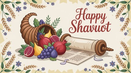 Happy Shavuot: Festive Celebration with Fruits and Torah Scrolls