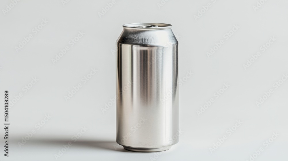 Poster silver can standing on a smooth surface with a neutral background emphasizing its sleek design and r
