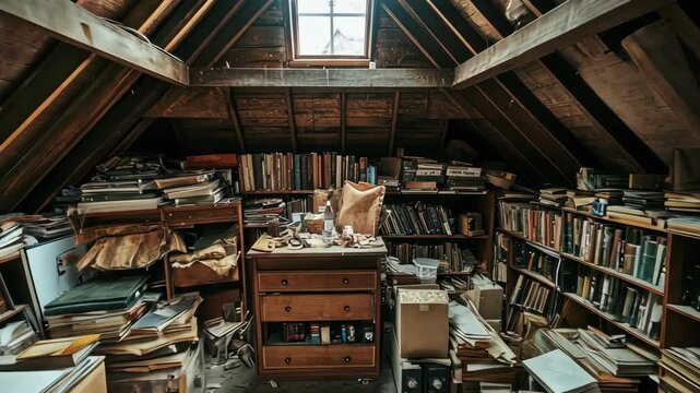 Messy cluttered attic interior with books, cardboard boxes, vintage furniture and sloping roof. Overstuffed attic, room, and clutter. Interior concept of storage and space.