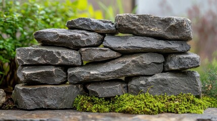 Stacked stones arranged aesthetically with green moss in a serene garden setting during daylight