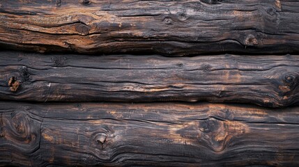 Wooden logs stacked in a rustic arrangement highlighting the grain and texture of the aged wood in a natural setting