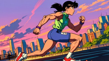 Energetic Woman Running in Vibrant City Marathon, Global Running Day,
