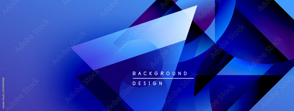 Poster Abstract blue background features geometric shapes, gradients, overlapping layers. Modern design elements create dynamic visual effect.