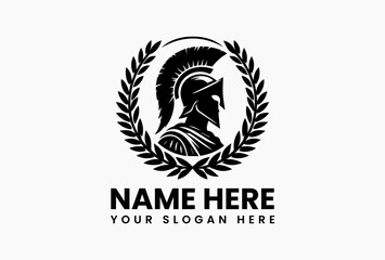 Iconic Spartan helmet enclosed within a classic laurel wreath symbol vector logo. Ancient Greek military history concept
