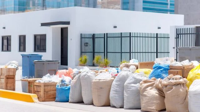  Waste Management and Urban Landscape: A front view captures various sacks and crates overflowing with waste material, emphasizing the necessity for urban waste management.