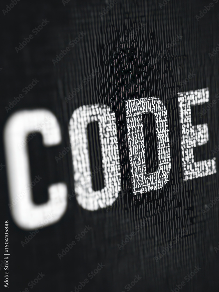 Aufkleber code in close-up: a compelling visual composition showcases the word code crafted with pixelated pre