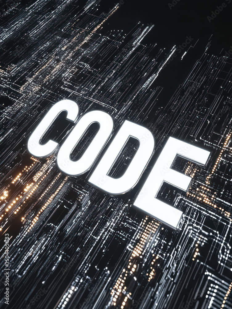 Poster code in the digital realm: the word code boldly emerges amidst a complex network of glowing lines an