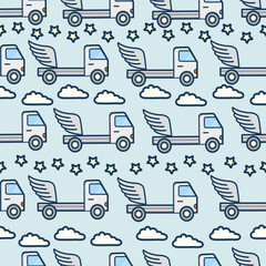 seamless vector auto truck pattern with stars and clouds on blue background children design wallpaper