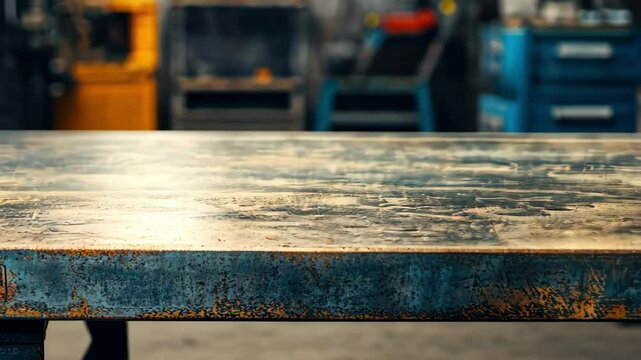 Empty workbench in blurred workshop, background, workspace and industrial scene.