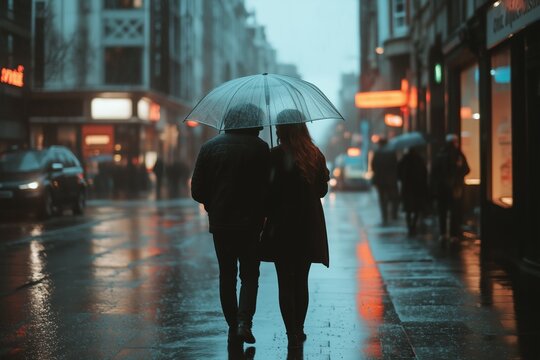 Couple sharing an umbrella during a rainy evening in a bustling city street