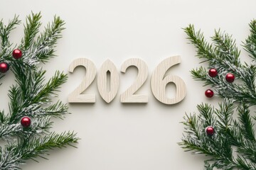 Wooden year numbers with christmas tree branches and red ornaments on a white background flat lay view