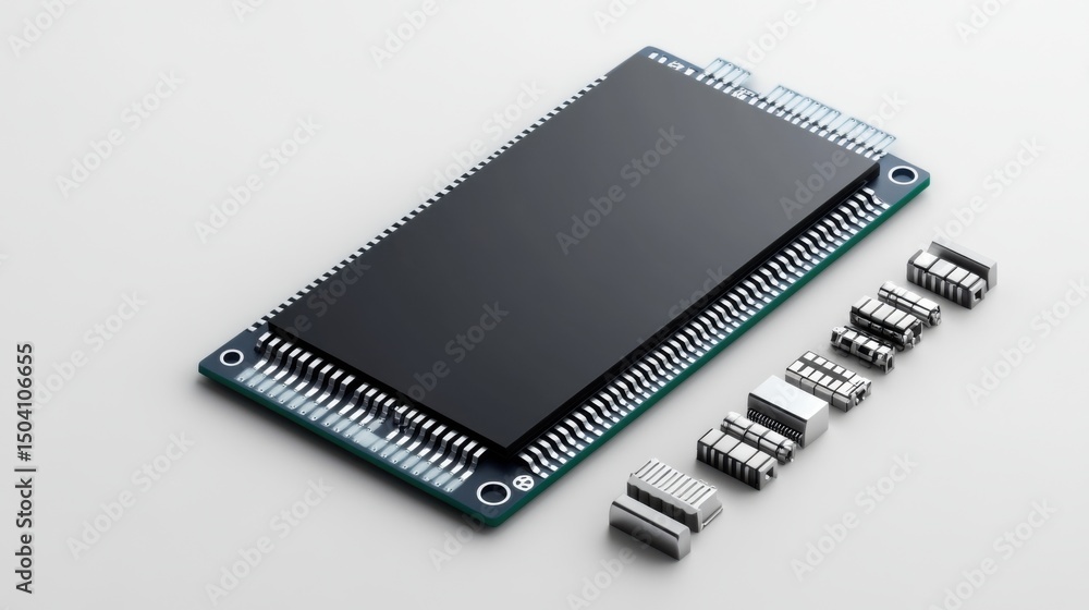 Poster high-tech electronic circuit board with microchips and components on white background