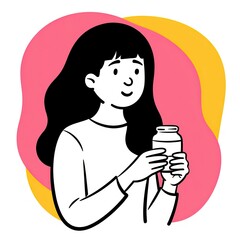 A person with long hair smiles while holding a jar, creating a vibrant and joyful mood with colorful backgrounds