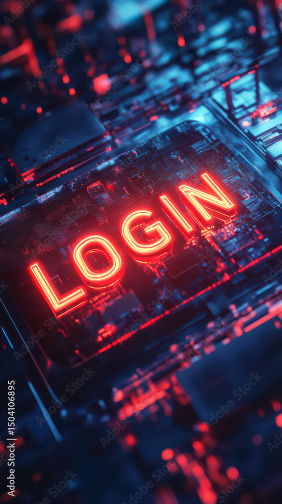 Poster digital login: the glowing word login illuminates a futuristic circuit board, symbolizing access and