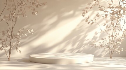 Elegant cream colored product display podium surrounded by ethereal branches with leaves
