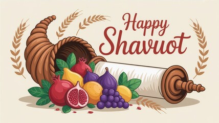 Happy Shavuot: Festive Celebration with Fruits and Torah Scrolls