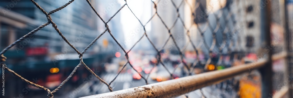 Poster urban construction site features scaffold and netting, creating a unique urban view with blurred cit