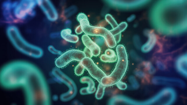 Glowing gut bacteria in microscope view, symbolizing the link between probiotics and mental health.