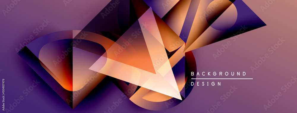 Poster abstract geometric shapes overlap, creating dynamic purple, orange gradient. modern design elements 