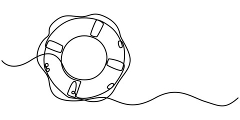 continuous One  line drawing of lifebuoy, Single continuous line drawing lifebuoys, rescue belts, inflatable rubber ring with rope for help and safety of life drowning. Rescue ring for quick help. 