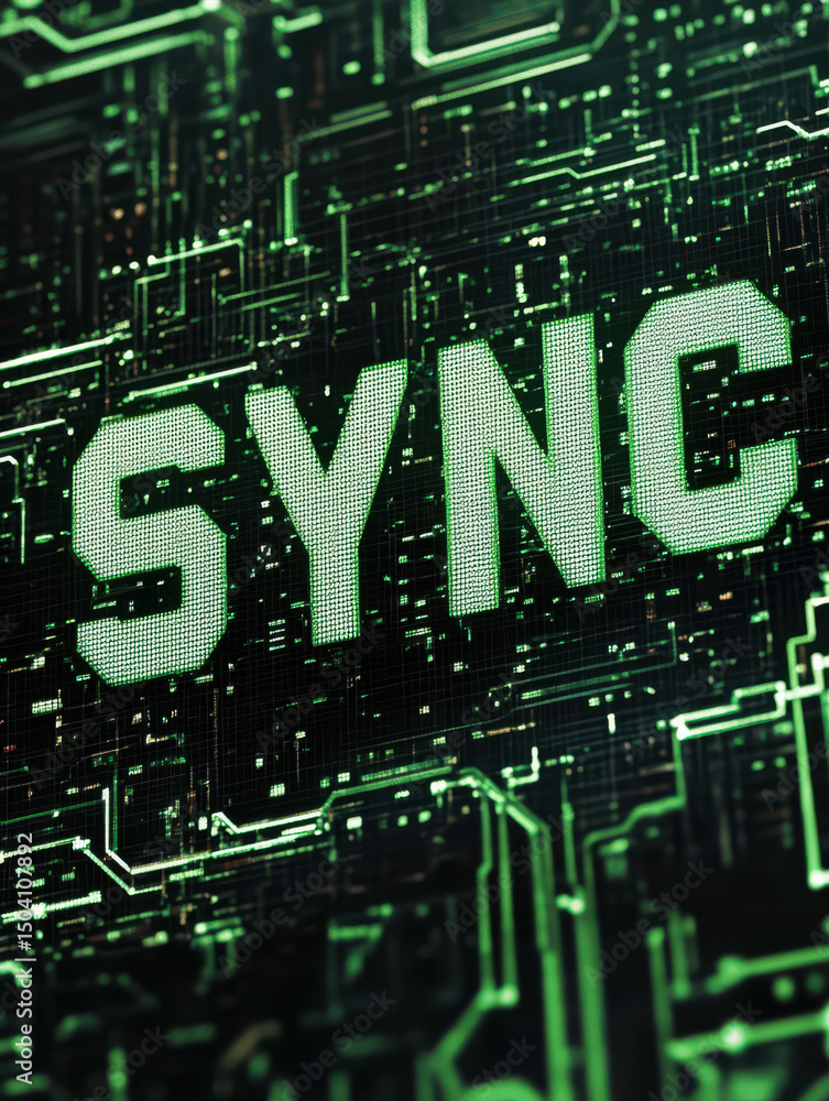 Poster technological synchronization: a close-up perspective showcases the word sync illuminated on a green