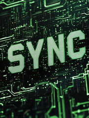 Technological Synchronization: A close-up perspective showcases the word SYNC illuminated on a green circuit board. The scene evokes a sense of digital connectivity, technological advancement.