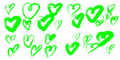 Collection of hand drawn green heart illustrations on white background. Expressive, sketchy and romantic doodles suitable for Valentine's Day, love themes, greeting cards.