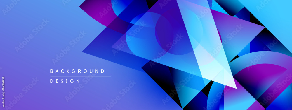 Poster Abstract geometric shapes overlap, creating vibrant blue, purple gradients. Modern design elements suggest dynamic background texture.