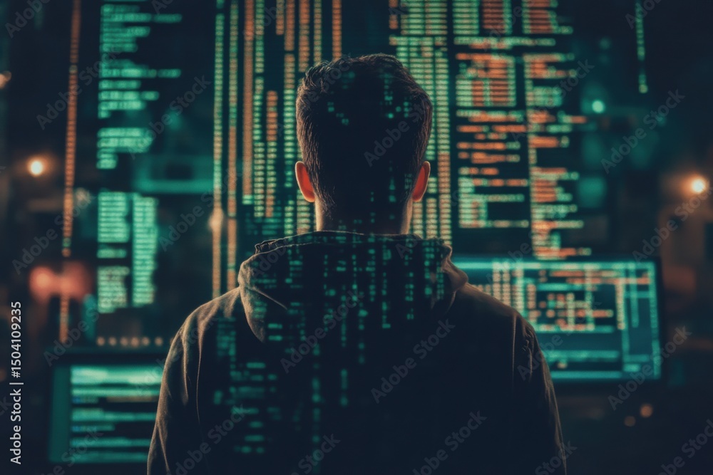 Aufkleber a person in a hoodie stands in front of screens displaying code with a dark and mysterious atmospher