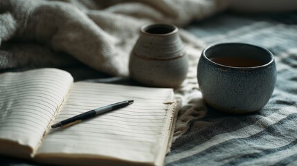A pen rests on an open lined notebook beside pottery cups, set on a cozy blanket, evoking feelings of contemplation and comfort.